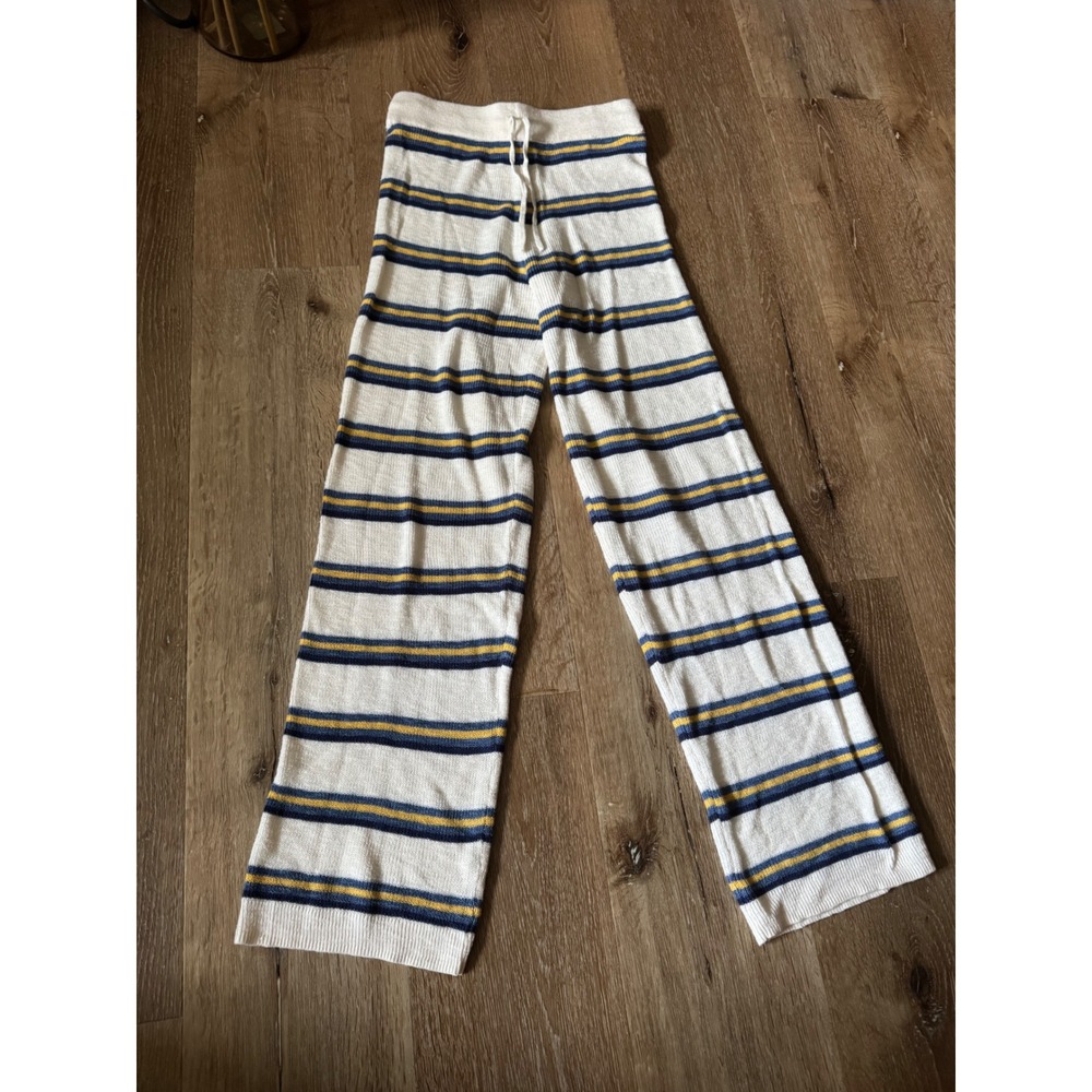 FP Beach Cream Blue Mariner Striped Knit Wide‎ Leg Drawstring Pants Size XS